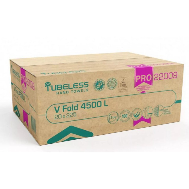 TUBELESS V HAJTOGATOTT KÉZTÖRLŐ 2 RÉTEGŰ, FEHÉR, 100% CELLULÓZ, 22X21CM, 20X225LAP 4500LAP/KARTON